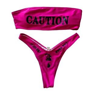 Pink Bikini Set with Caution Print